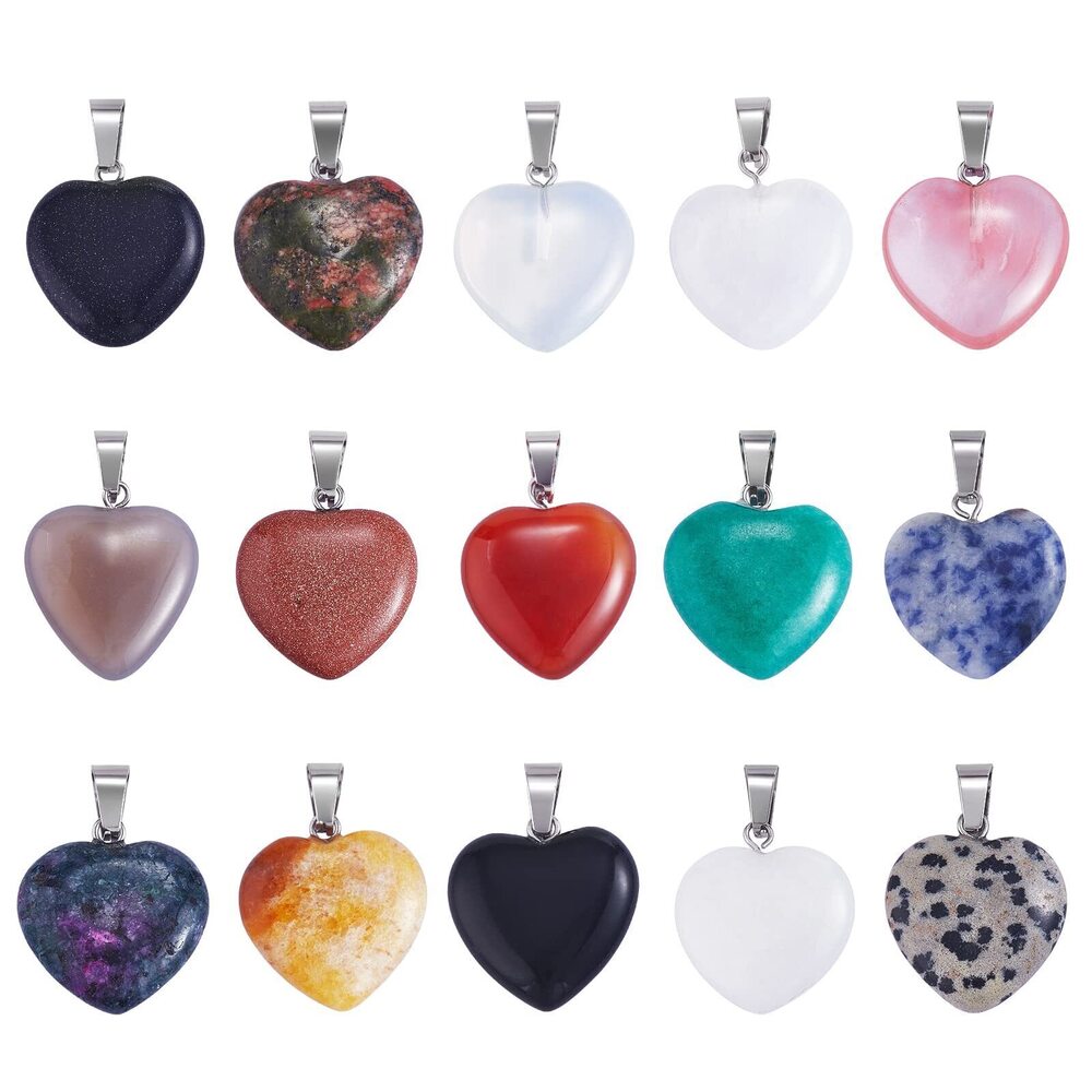 4124 15 Pieces Gemstone Heart Charm Pendant Natural Healing Crystal